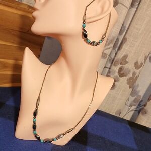 Turquoise Bead and Hematite Necklace & Hoop Earrings Set
